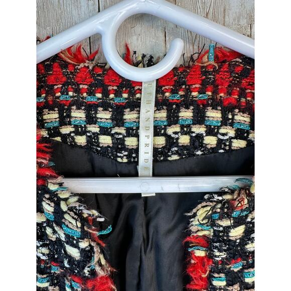 Truth and Pride Tweed Red Black Blazer Womens Sz Small Silver Metallic Textured - Picture 7 of 11